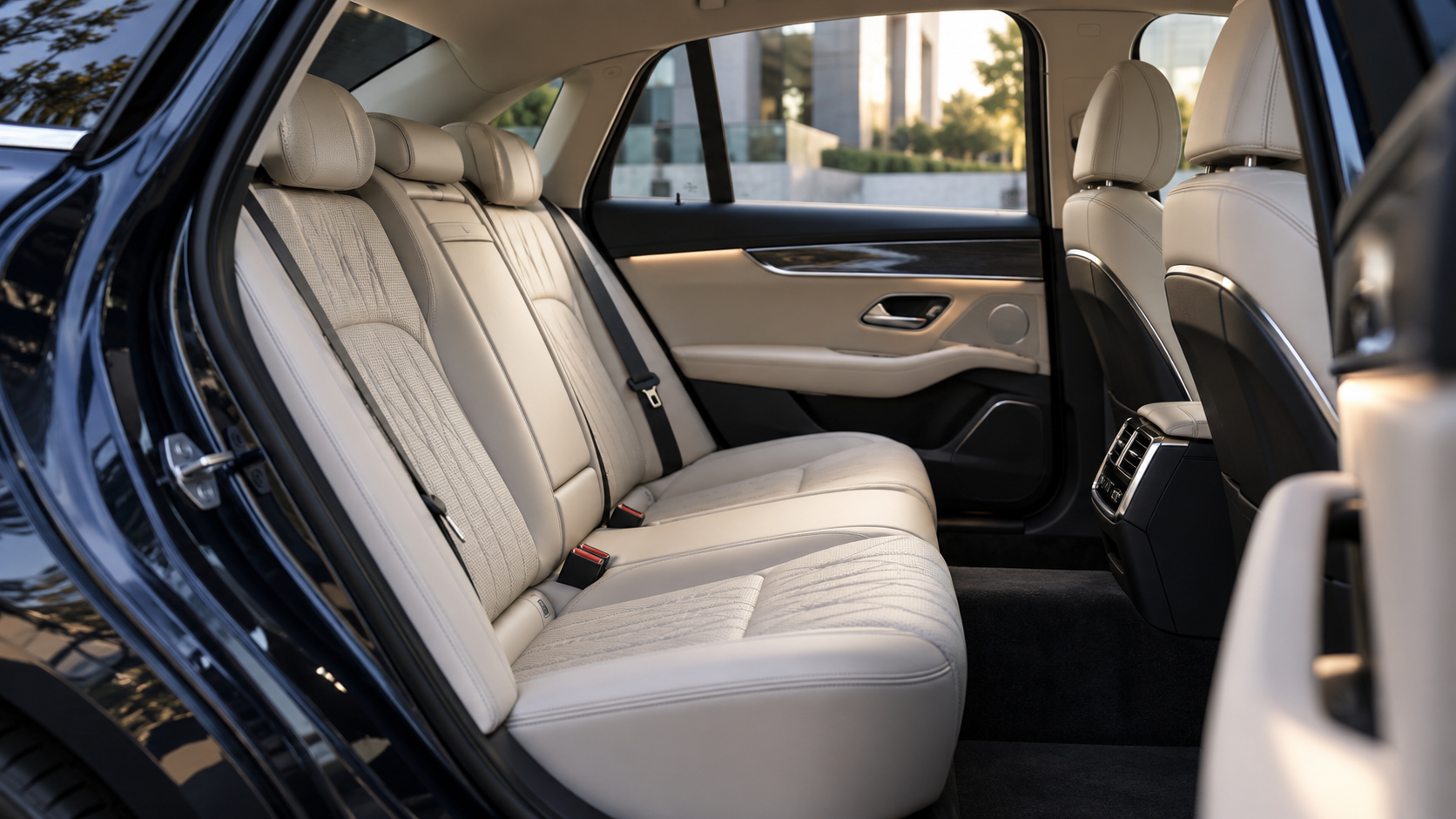 Executive luxury cabin with refined leather seating and ambient lighting