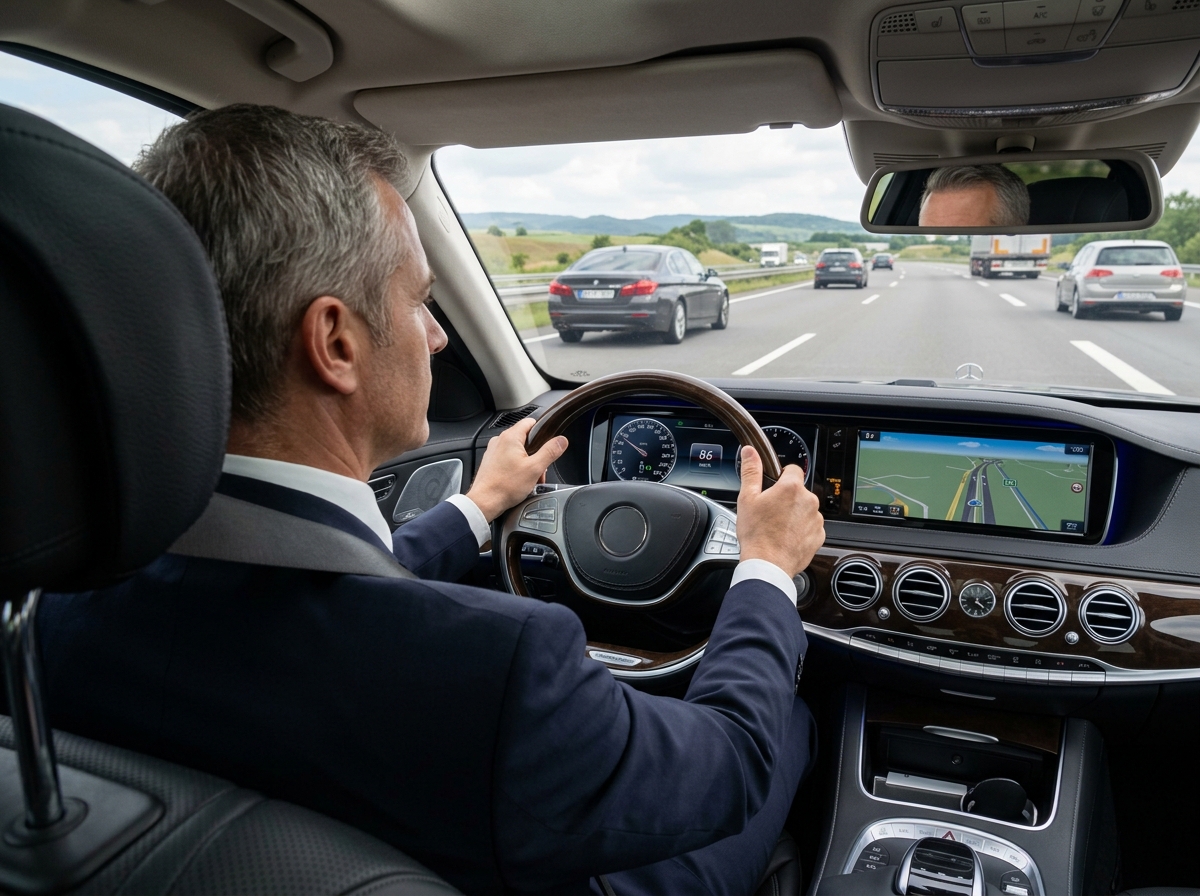 Professional chauffeur observing speed limits, lane discipline, and defensive driving