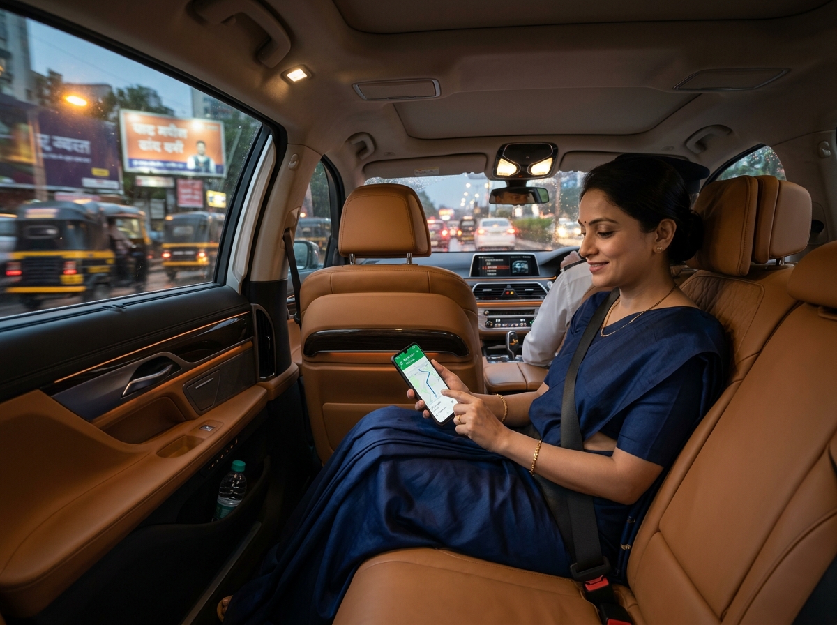 Corporate woman passenger safely commuting with real-time GPS route monitoring