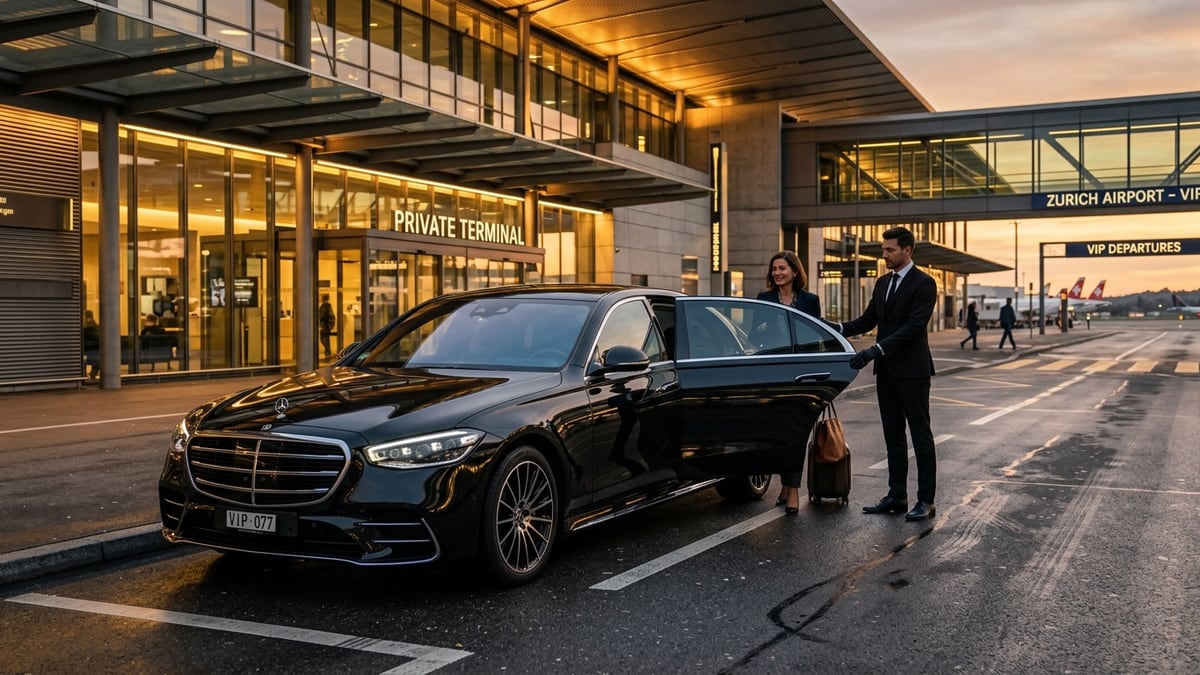 Mercedes-Benz S-Class at airport VIP private terminal curb in warm dusk lighting
