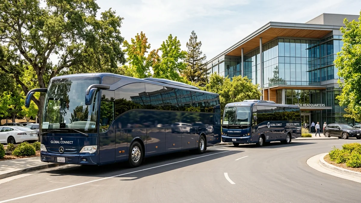 Executive corporate commuter bus outside commercial tech park