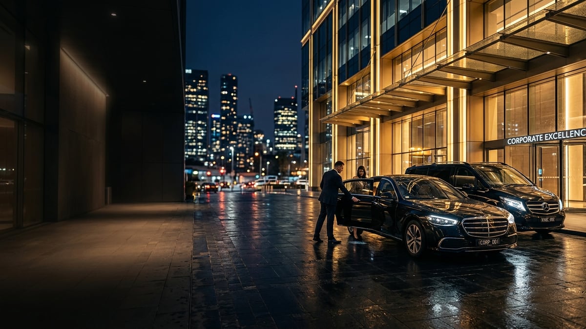 Chauffeur opening door of black Mercedes S-Class outside corporate entrance in warm lighting