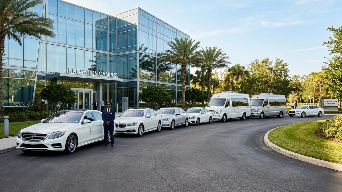 Corporate employee commuter coach and shuttle fleet outside innovation campus
