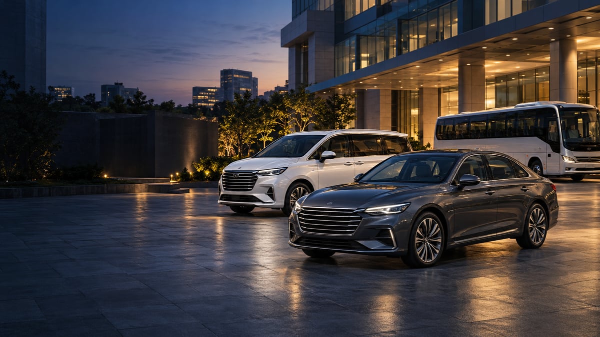 Executive sedan, MPV, and coach fleet outside corporate headquarters